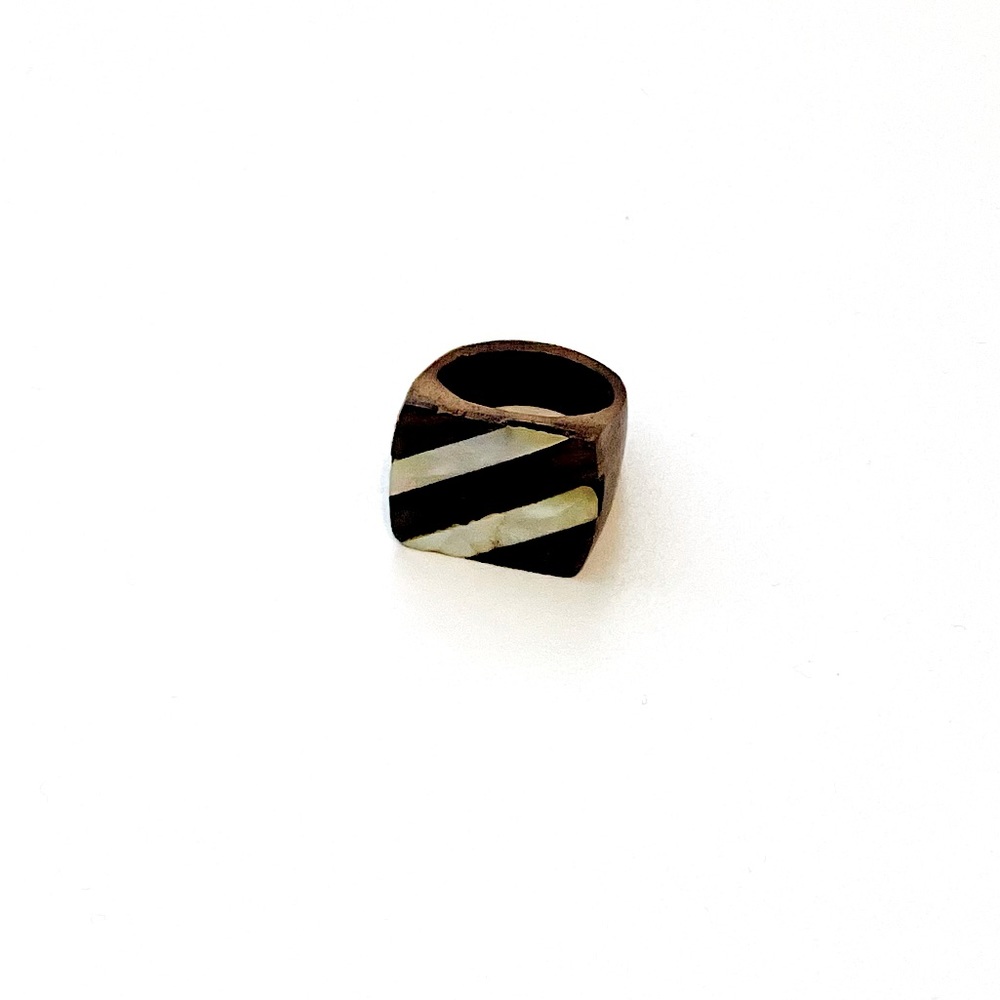 Tribal Wood Ring with Pearl Stripes